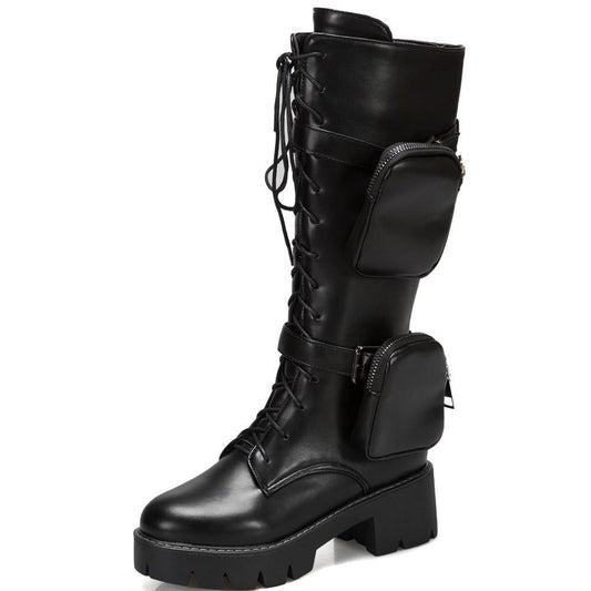 Bottes-genou-avec poches sur les côtés -semelle à grosse plate-forme -à lacets noir-talons carrés
