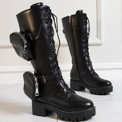 Bottes-genou-avec poches sur les côtés -semelle à grosse plate-forme -à lacets noir-talons carrés