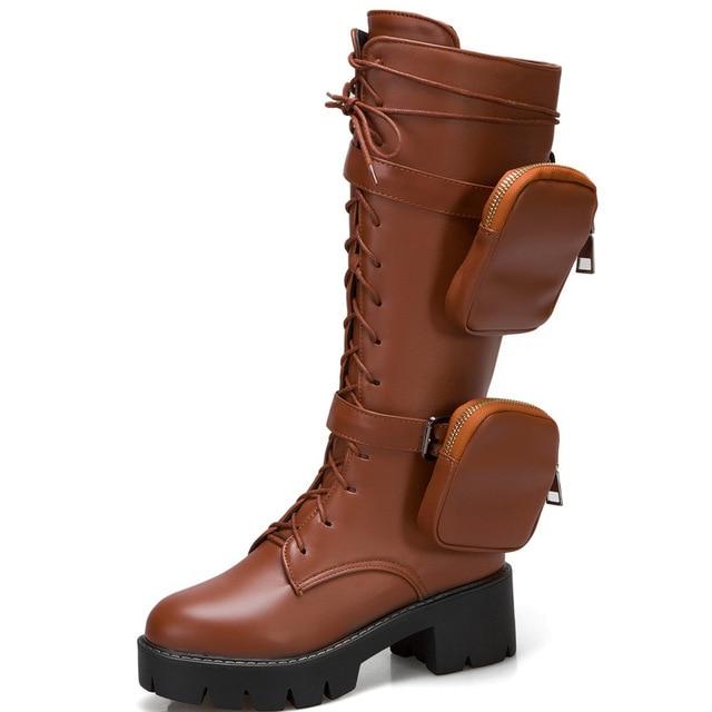 Bottes-genou-avec poches sur les côtés -semelle à grosse plate-forme -à lacets noir-talons carrés