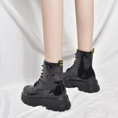 Bottines en Cuir à Plate-Forme- Bout Rond pour Femmes- Gold Design