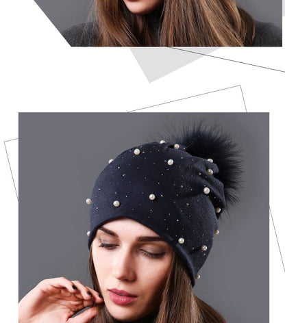 Bonnet brodé de perles collection Mode hiver Fourrure Naturelle tient chaud