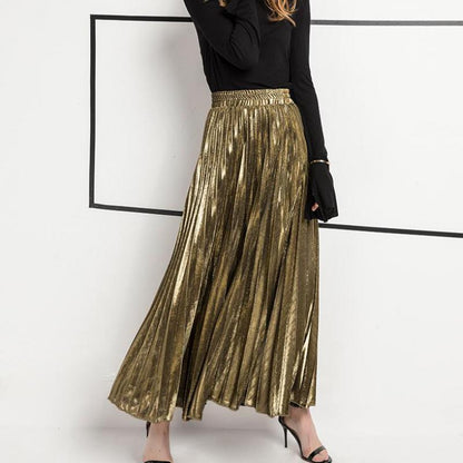 Jupe Longue Couleur Argent ou Or ll-match Slim Jupe Plissée
