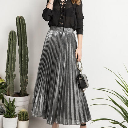 Jupe Longue Couleur Argent ou Or ll-match Slim Jupe Plissée