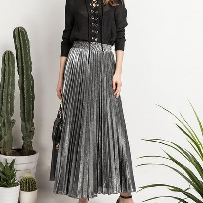 Jupe Longue Couleur Argent ou Or ll-match Slim Jupe Plissée
