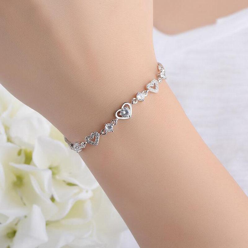 Bracelet Chaînette Mode Simple 925 Argent Blanc Zircon Amour Coeur pour ma chérie