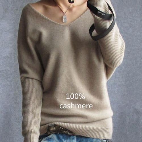 Pull 100% Cachemire pour femme mode sexy col en V lâche 100% pull en laine manches chauve-souris