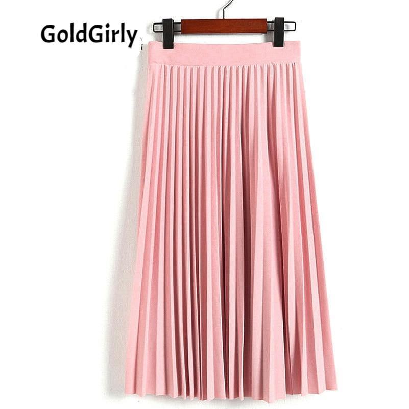 Jupe plissée Mode taille haute élastique -couleurs unie, longueur cheville