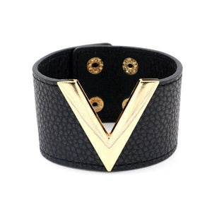 Large bracelet-manchette en cuir et métal décoré d'un V comme Victoire